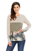 Sexy Oatmeal Color Block Floral Patchwork Long Sleeve Blouse Top